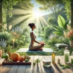 Mujer meditando en un jardín rodeada de frutas frescas y productos naturales de belleza, representando el bienestar, la salud y la belleza.