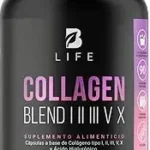 Botella de suplemento alimenticio B Life Collagen Blend I, II, III, V, X en cápsulas con ácido hialurónico.
