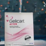 Caja de Gelicart Action, suplemento de colágeno hidrolizado, junto a una botella deportiva, con un fondo de escalada.