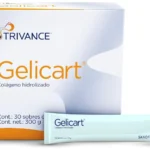 Caja de Gelicart Trivance con 30 sobres de colágeno hidrolizado, suplemento alimenticio.