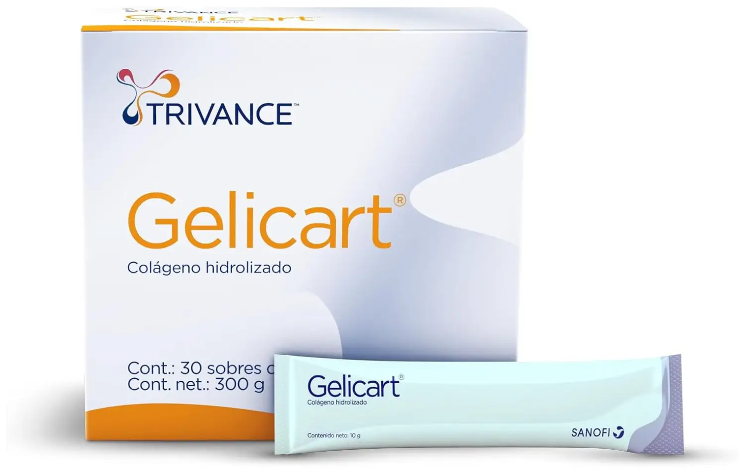 Caja de Gelicart Trivance con 30 sobres de colágeno hidrolizado, suplemento alimenticio.