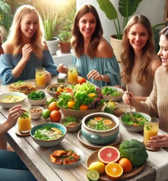 Un grupo de amigas entre 40 y 50 años compartiendo una comida rica en alimentos con colágeno, como pescado, pollo, frutos secos y caldos.