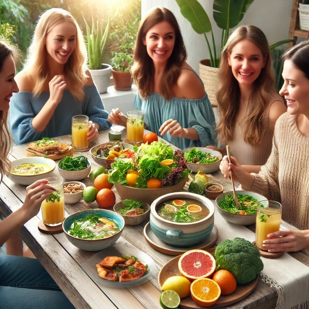Amigas Disfrutando de Alimentos con Colágeno para una Vida Saludable Un grupo de amigas entre 40 y 50 años compartiendo una comida rica en alimentos con colágeno, como pescado, pollo, frutos secos y caldos.