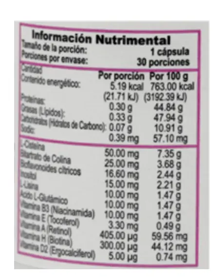Información Nutricional de Suplemento Alimenticio gelasimi forte Gelasimi Forte Tabla de información
