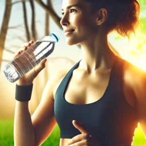 Mujer Atlética hidratandose Mujer atlética con ropa de yoga en un entorno natural y ecológico, destacando el bienestar y la conexión con la naturaleza.