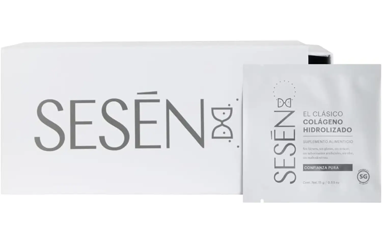 Caja y sobre de Sesén El Clásico Colágeno Hidrolizado, suplemento alimenticio sin lactosa, gluten ni azúcar.