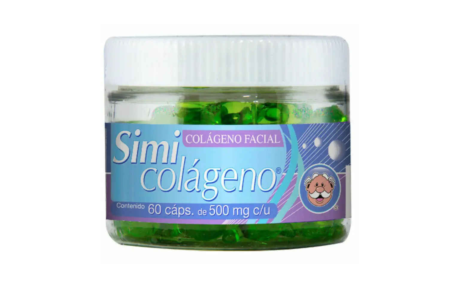 Frasco de Simi Colágeno Facial con 60 cápsulas de colágeno para el cuidado de la piel.
