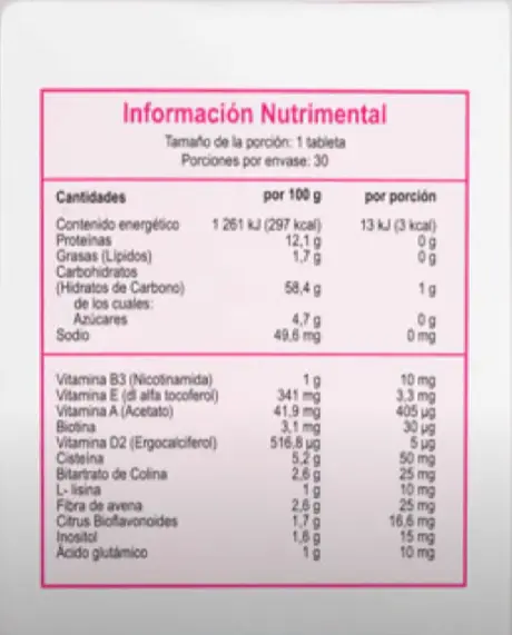 Información Nutricional de Suplemento Alimenticiogelasimi Gelasimi Tabla de información nutrimental de un suplemento alimenticio en tabletas, con detalles de las cantidades por 100 g y por porción.