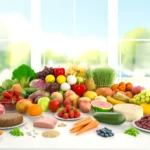 Selección colorida de frutas, verduras, granos y proteínas frescas, representando la variedad en la alimentación saludable.