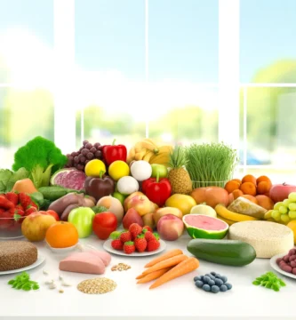 Selección colorida de frutas, verduras, granos y proteínas frescas, representando la variedad en la alimentación saludable.