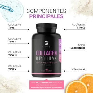 Suplemento alimenticio Collagen Blend con colágeno tipo I, II, III, V y X, ácido hialurónico y vitamina C.
