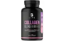 Botella de suplemento alimenticio B Life Collagen Blend I, II, III, V, X en cápsulas con ácido hialurónico.